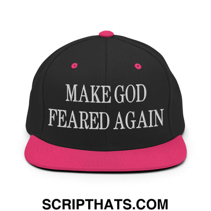 Make God Feared Again Embroidered Flat Bill Brim Snapback Hat Black Neon Pink