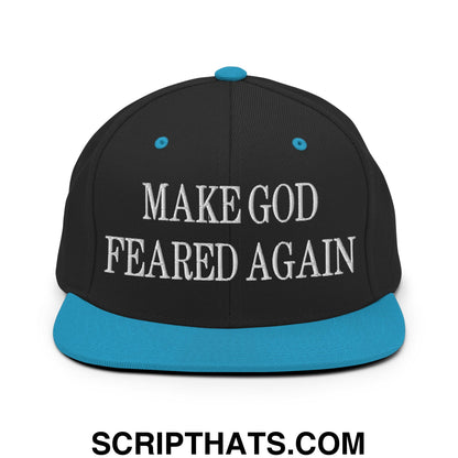 Make God Feared Again Embroidered Flat Bill Brim Snapback Hat Black Teal