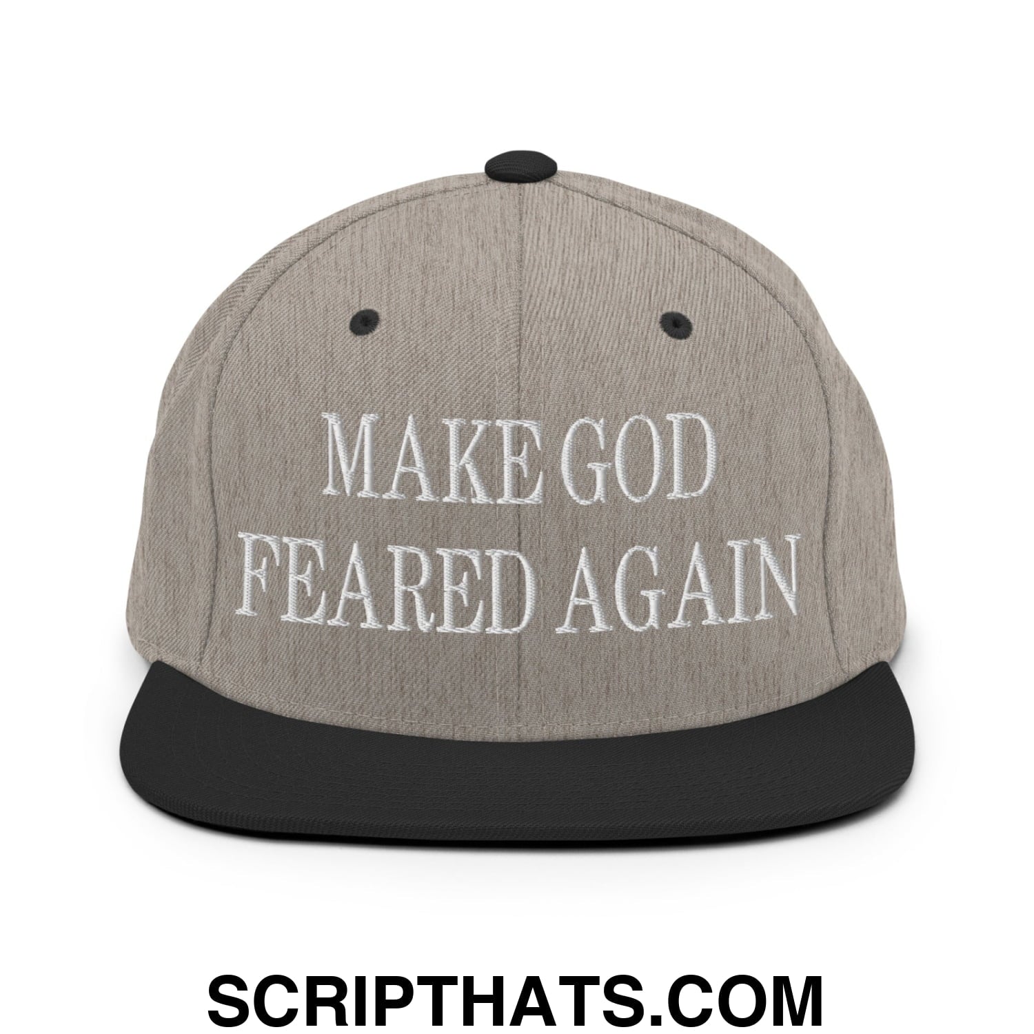 Make God Feared Again Embroidered Flat Bill Brim Snapback Hat Heather Black