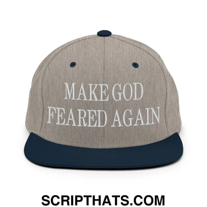 Make God Feared Again Embroidered Flat Bill Brim Snapback Hat Heather Grey Navy