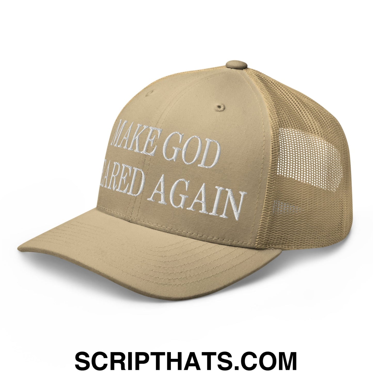 Make God Feared Again Embroidered Mesh Trucker Hat Khaki