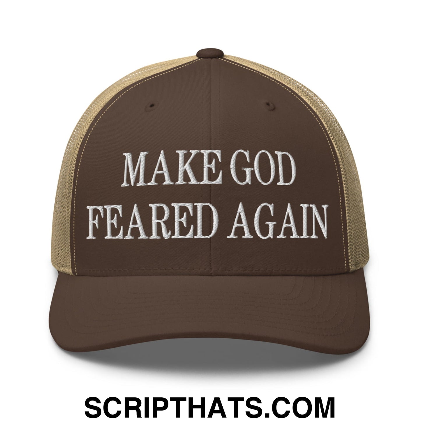 Make God Feared Again Embroidered Mesh Trucker Hat Brown Khaki
