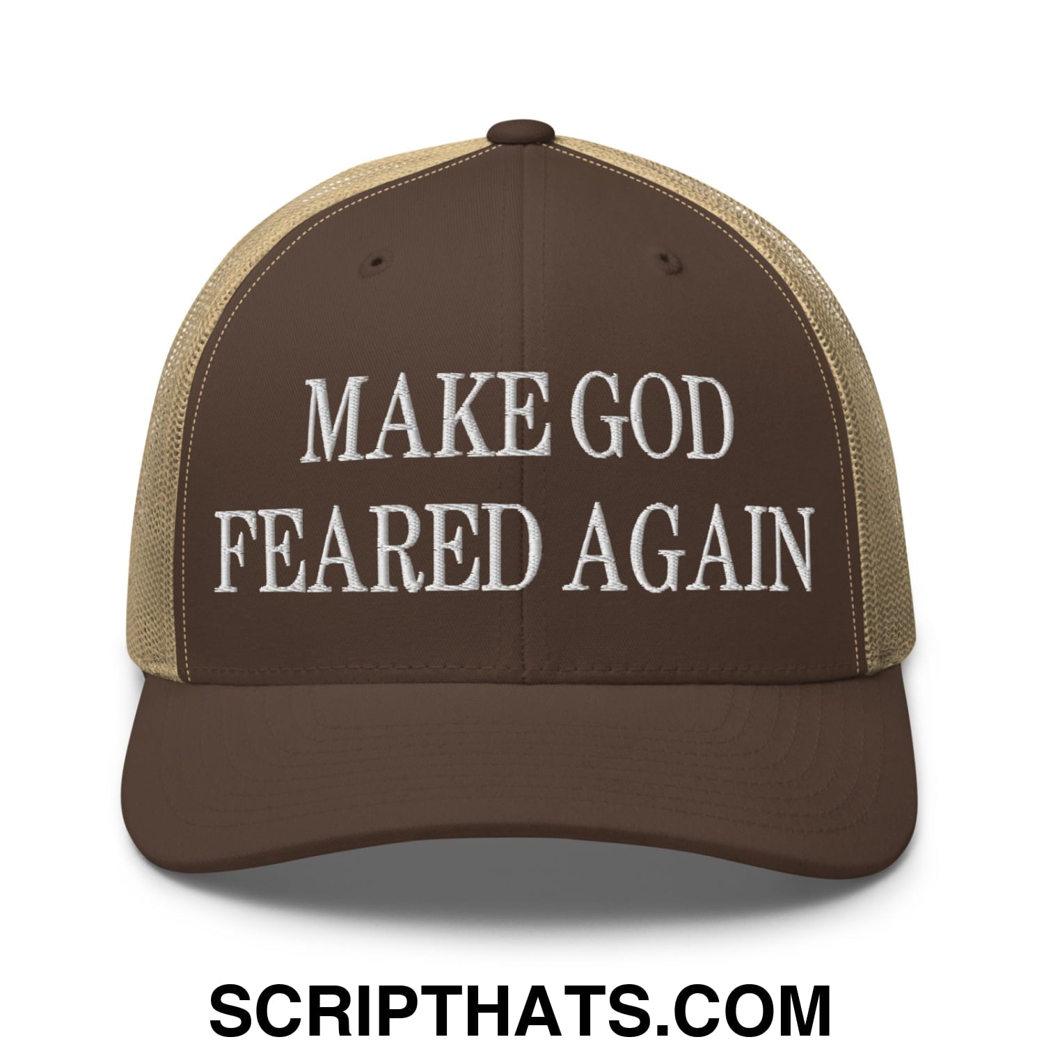 Make God Feared Again Embroidered Mesh Trucker Hat Brown Khaki