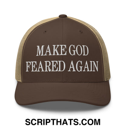 Make God Feared Again Embroidered Mesh Trucker Hat Brown Khaki