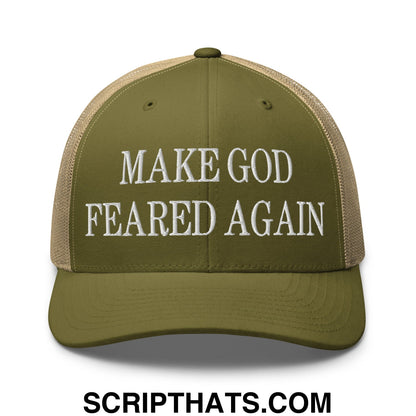 Make God Feared Again Embroidered Mesh Trucker Hat Moss Khaki