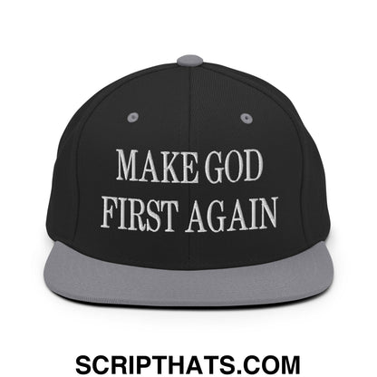 Make God First Again Embroidered Flat Bill Brim Snapback Hat Black Silver