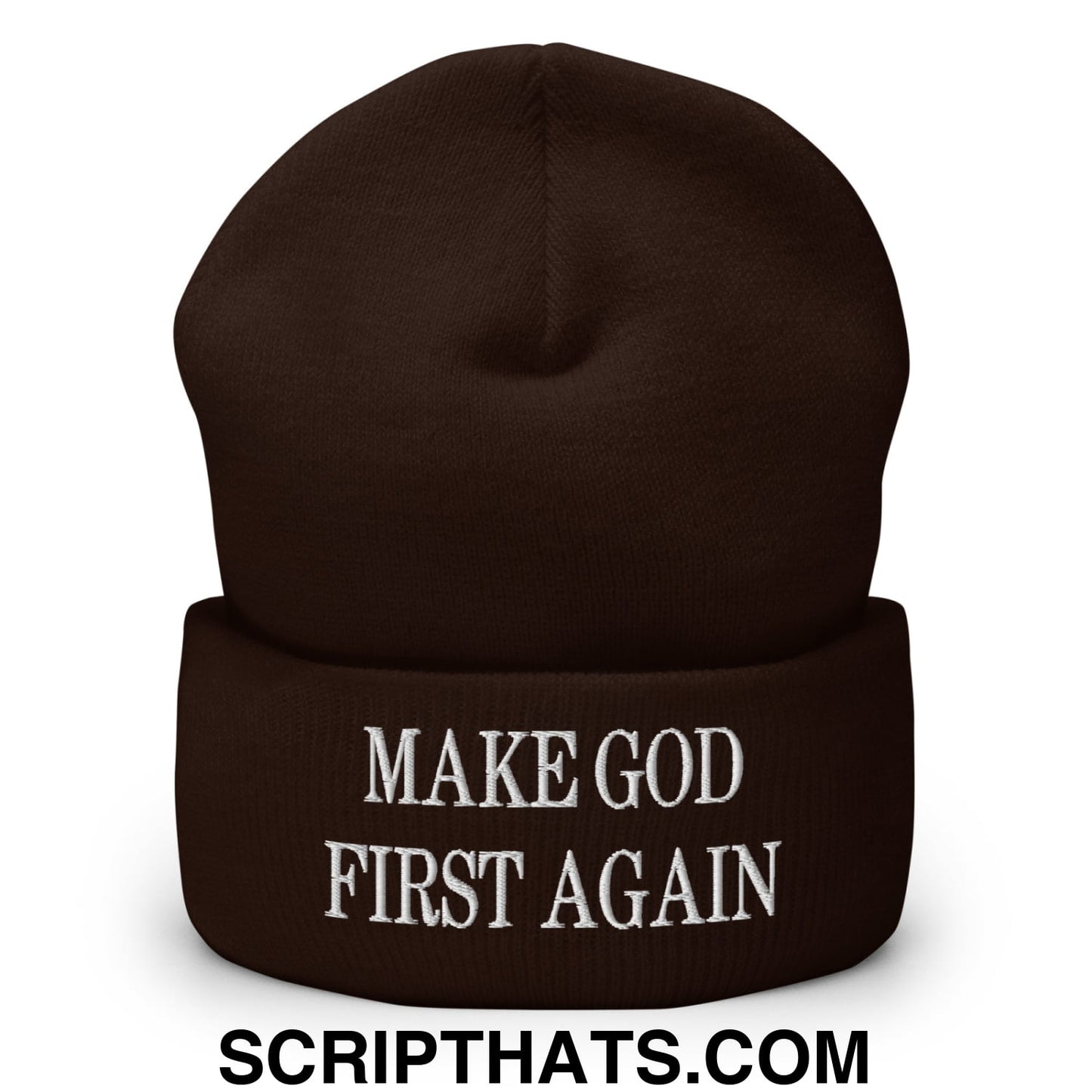 Make God First Again Embroidered Knit Cuffed Beanie Brown