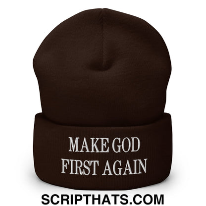 Make God First Again Embroidered Knit Cuffed Beanie Brown