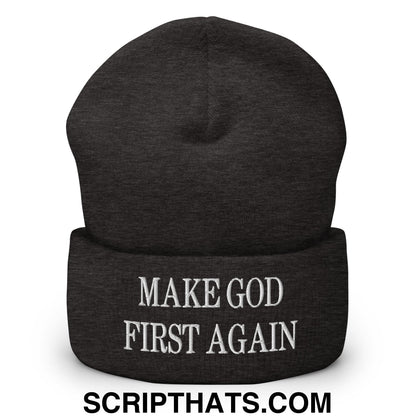 Make God First Again Embroidered Knit Cuffed Beanie Dark Grey