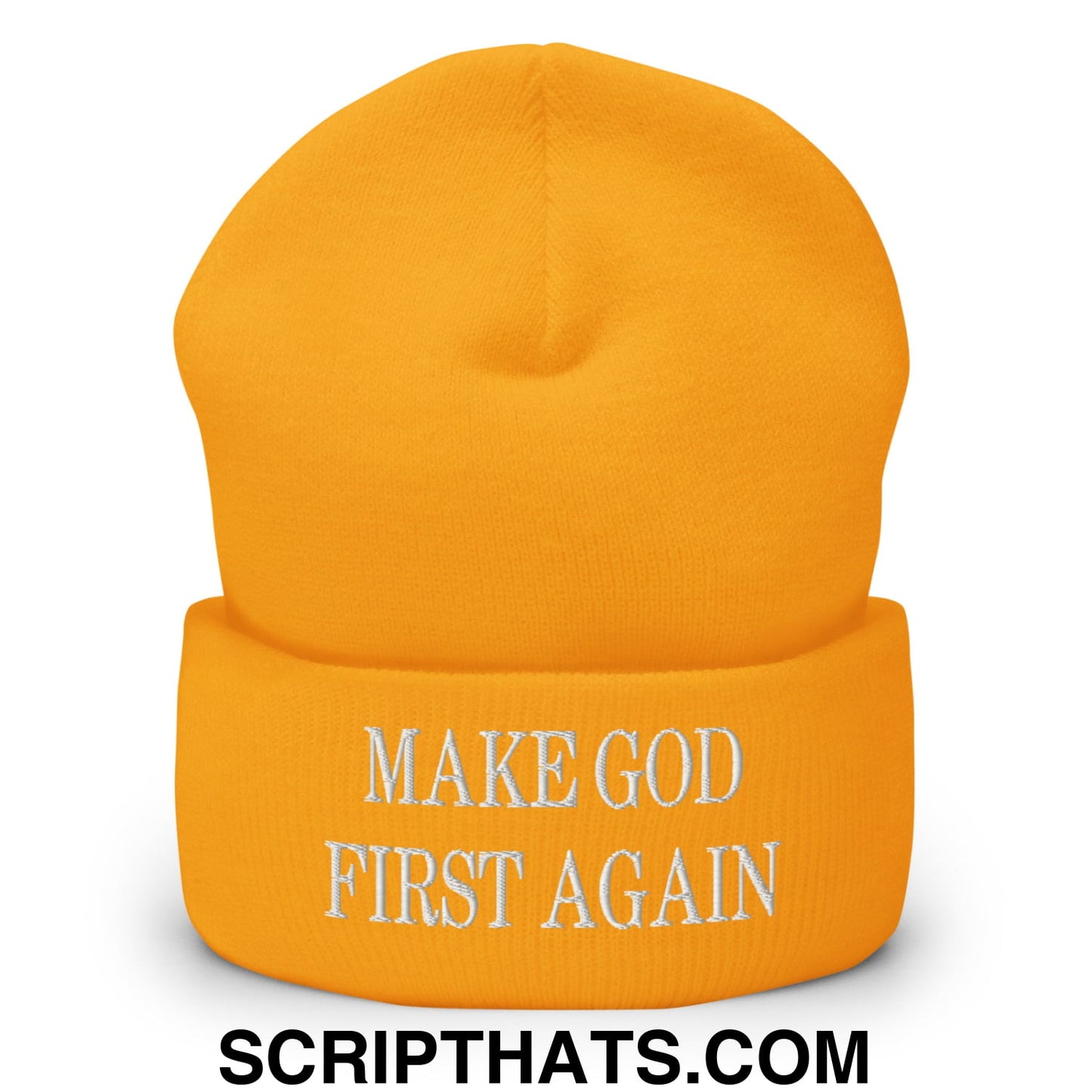 Make God First Again Embroidered Knit Cuffed Beanie Gold