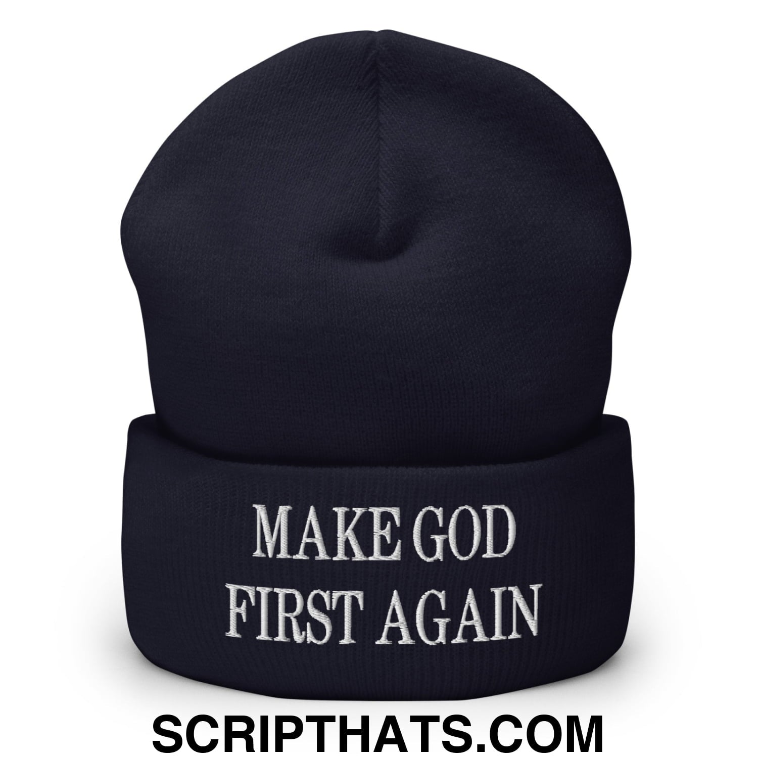 Make God First Again Embroidered Knit Cuffed Beanie Navy