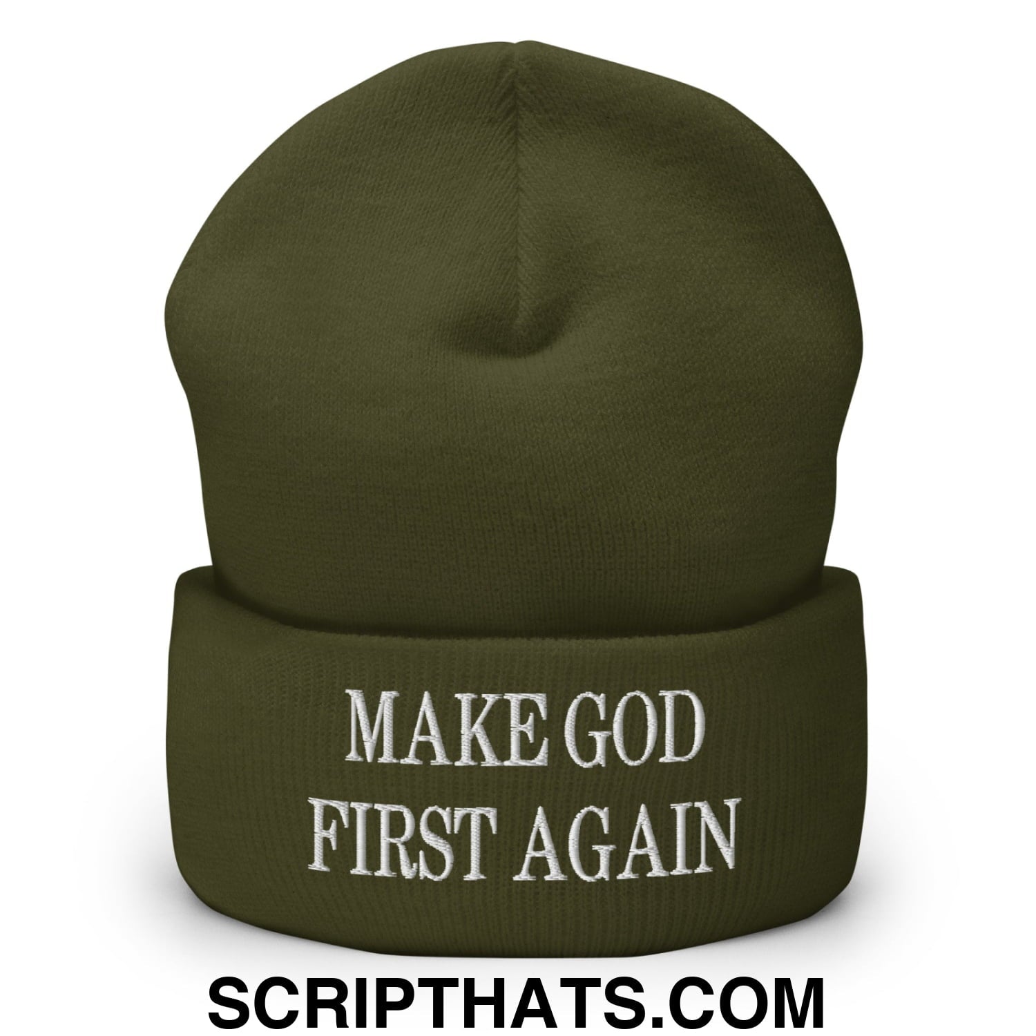 Make God First Again Embroidered Knit Cuffed Beanie Olive