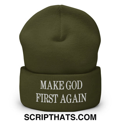 Make God First Again Embroidered Knit Cuffed Beanie Olive