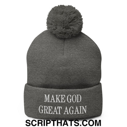 Make God First Again Embroidered Knit Pom Pom Beanie Dark Heather Grey