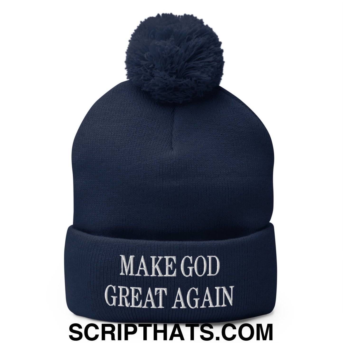 Make God First Again Embroidered Knit Pom Pom Beanie Navy