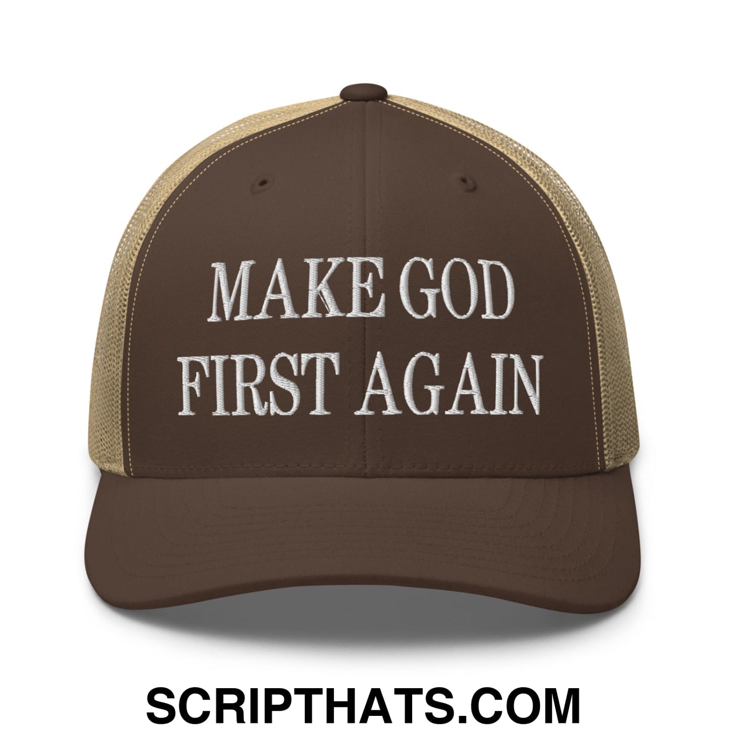 Make God First Again Embroidered Mesh Trucker Hat Brown Khaki
