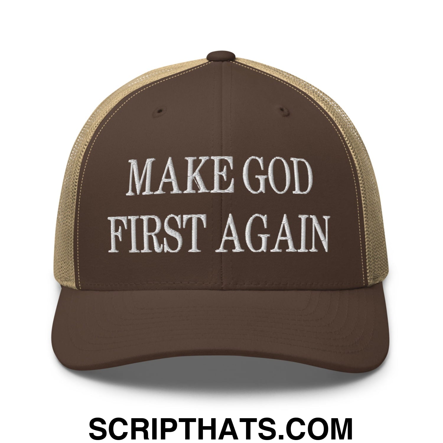 Make God First Again Embroidered Mesh Trucker Hat Brown Khaki