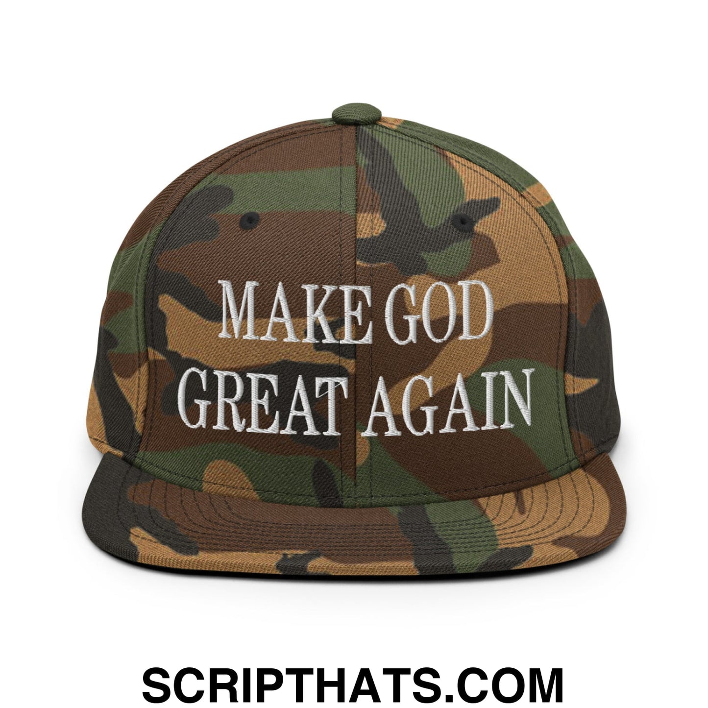 Make God Great Again Embroidered Flat Bill Brim Snapback Hat Green Camo
