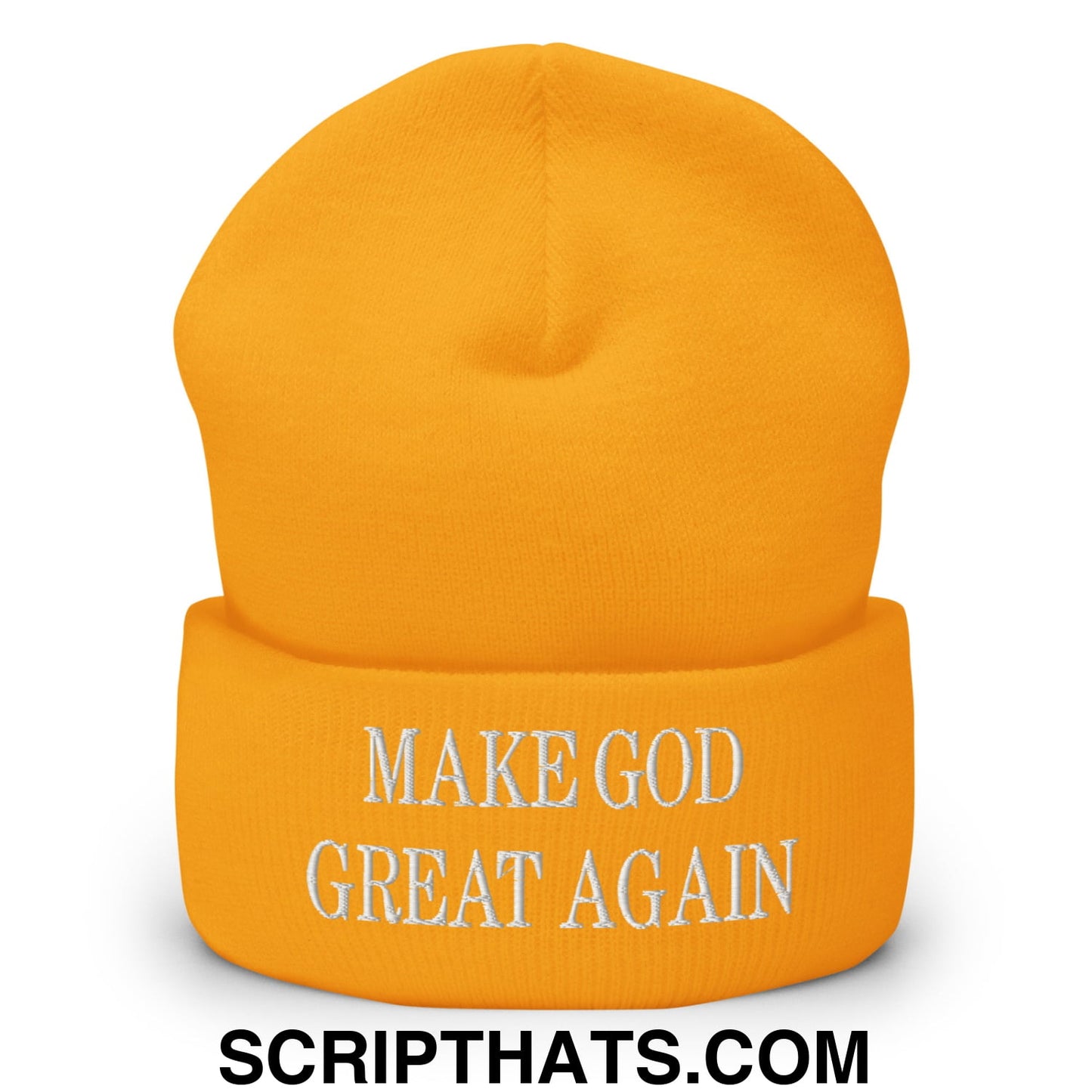 Make God Great Again Embroidered Knit Cuffed Beanie Gold