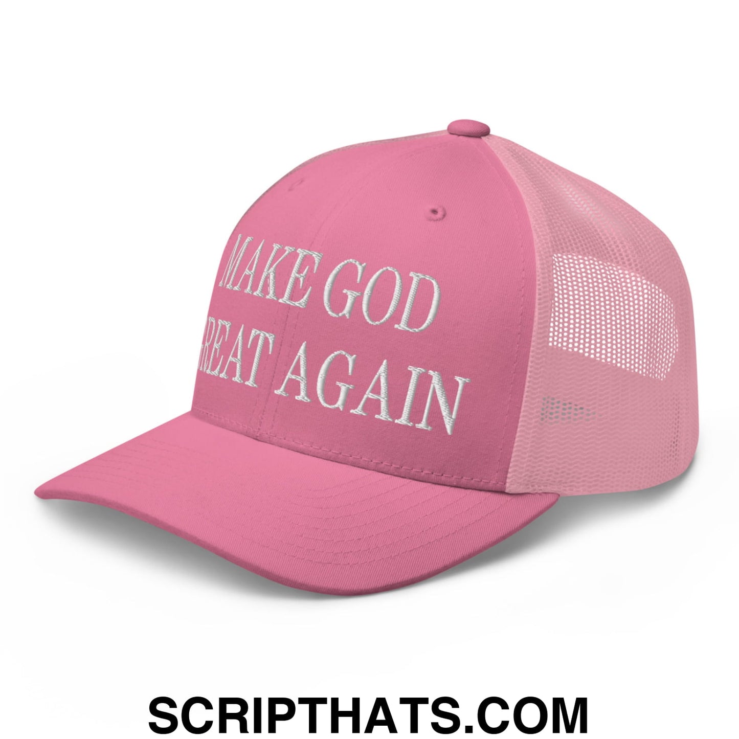 Make God Great Again Embroidered Mesh Trucker Hat Pink