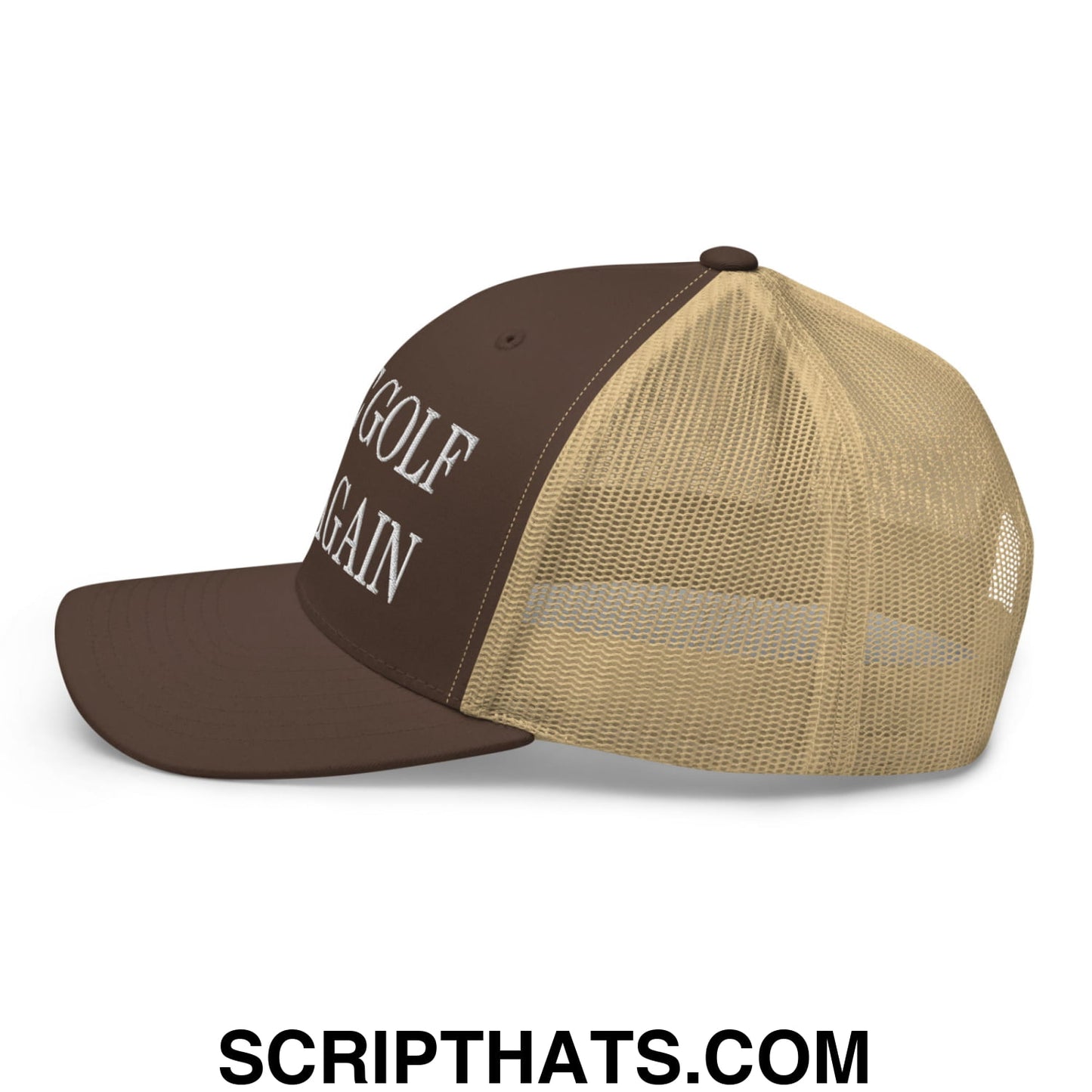 Make Golf Fun Again Embroidered Mesh Trucker Hat Brown Khaki