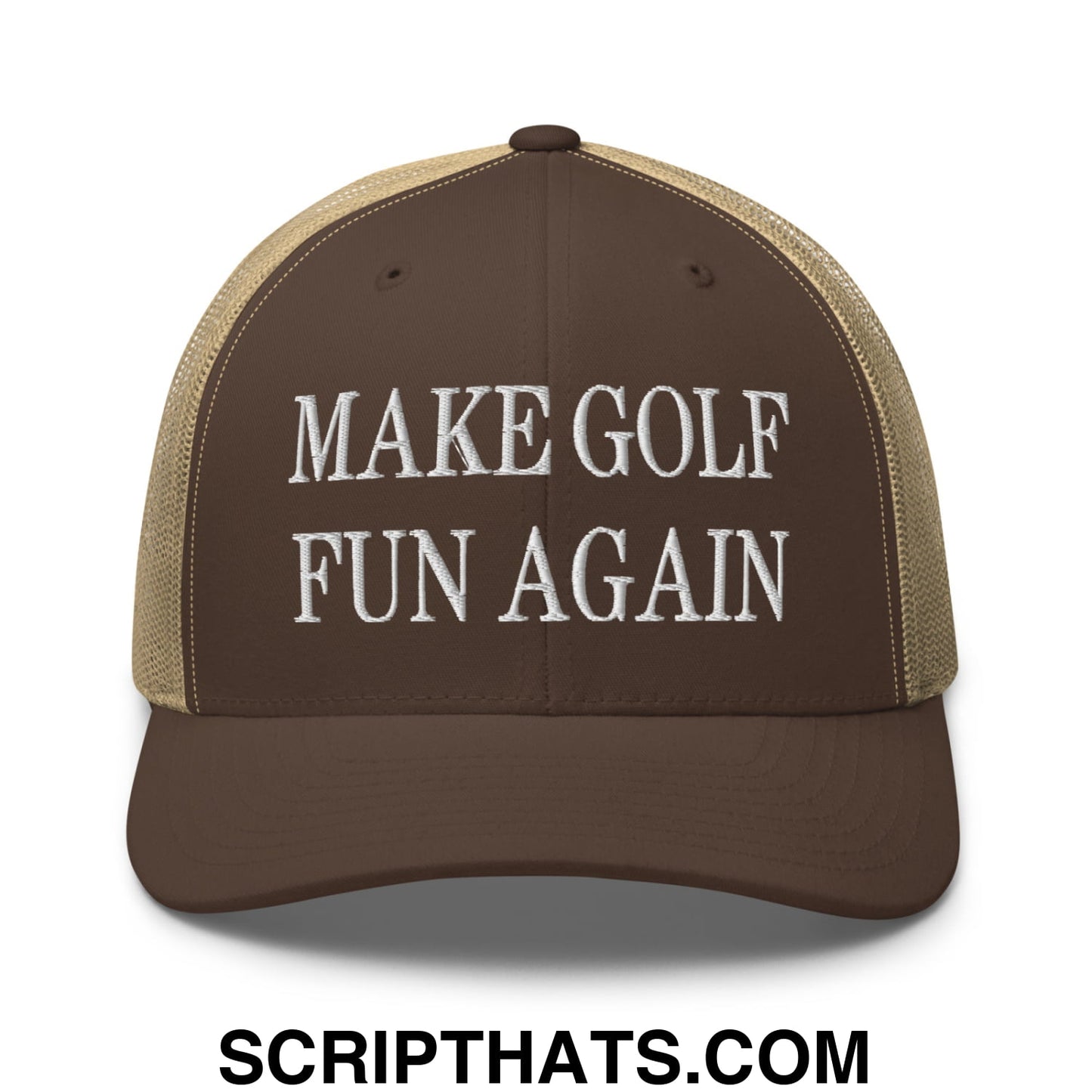 Make Golf Fun Again Embroidered Mesh Trucker Hat Brown Khaki