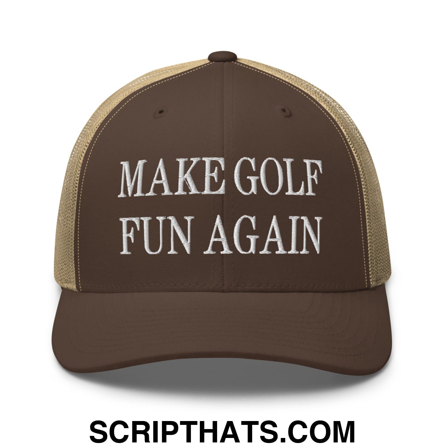 Make Golf Fun Again Embroidered Mesh Trucker Hat Brown Khaki