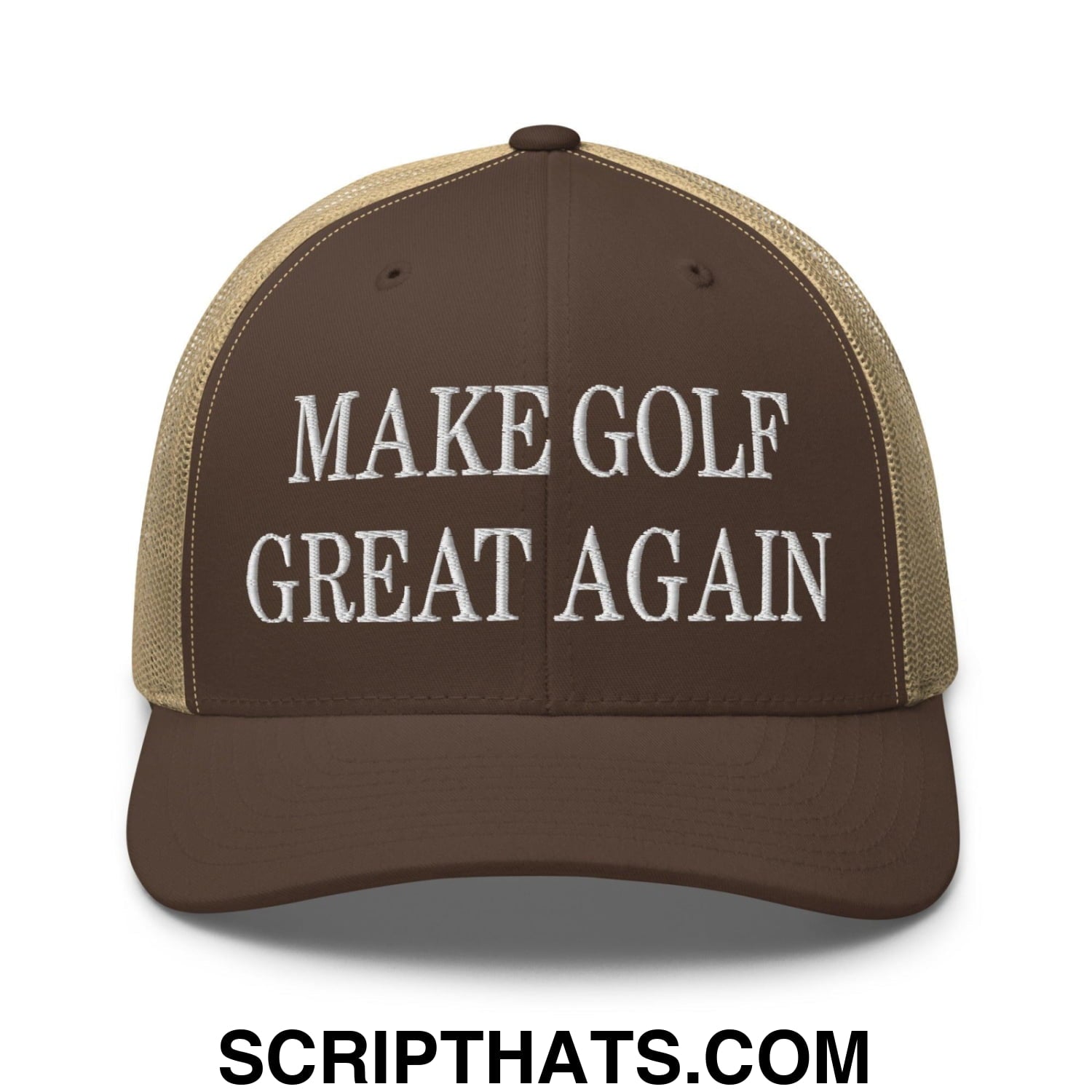 Make Golf Great Again Embroidered Mesh Trucker Hat Brown Khaki