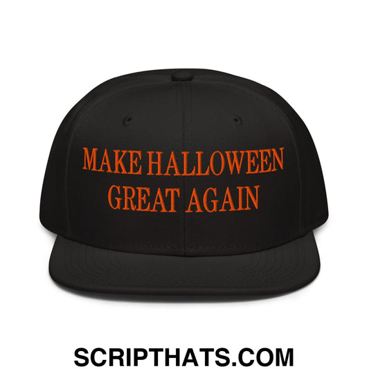 Black snapback cap with orange embroidered make halloween great again text flat bill brim design