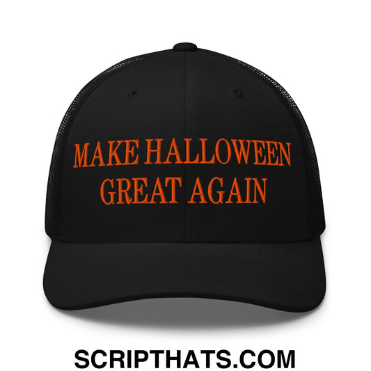 Black mesh trucker hat with orange embroidered text make halloween great again for festive wear