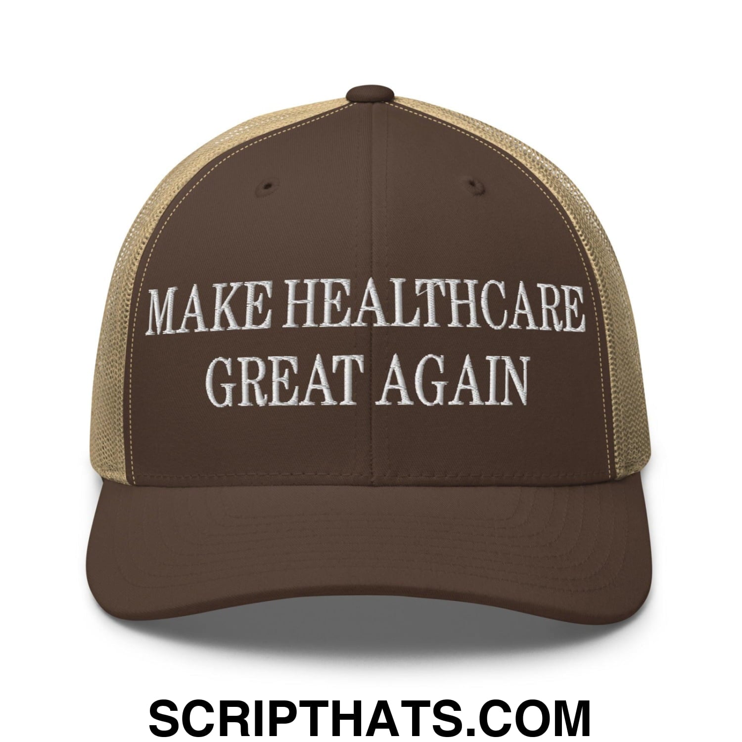 Make Healthcare Great Again Embroidered Mesh Trucker Hat Brown Khaki