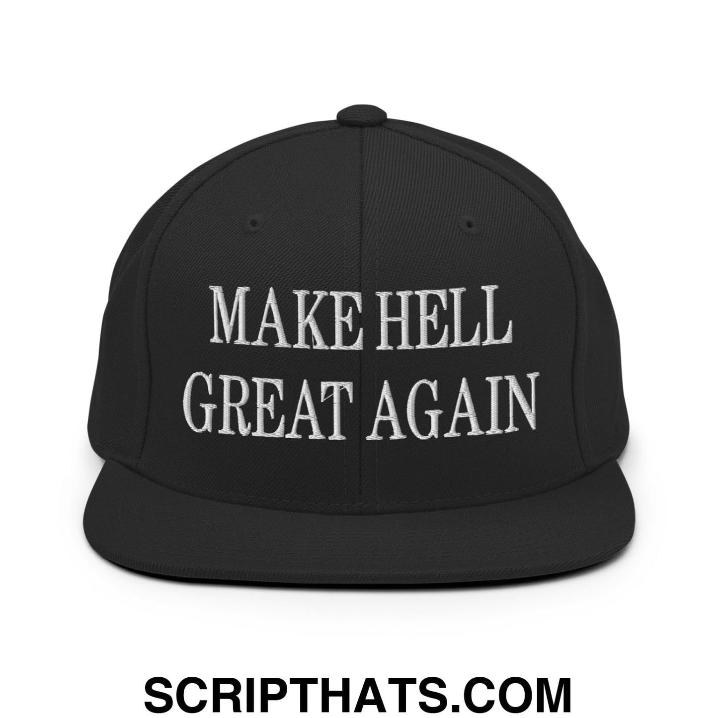 Black snapback hat with white embroidered text make hell great again and flat bill brim design