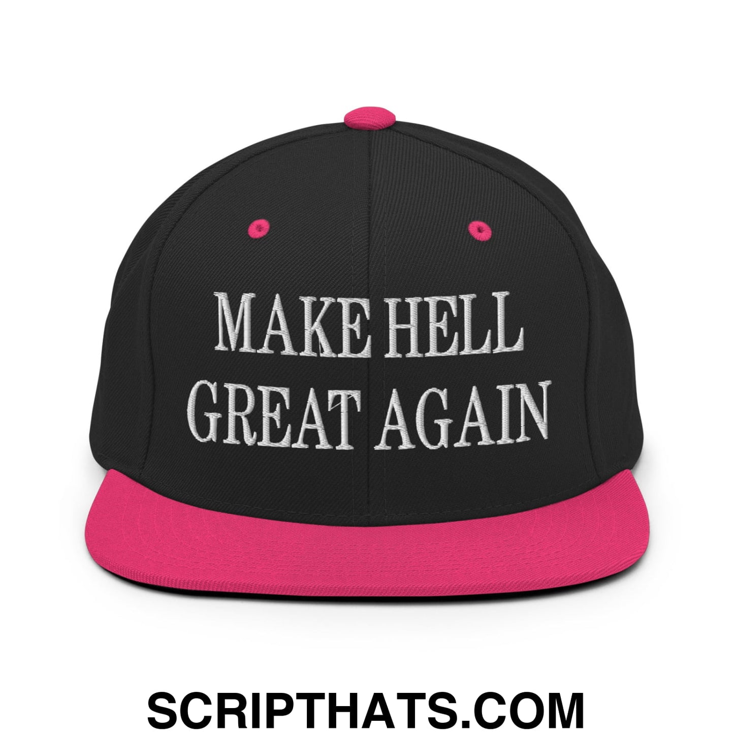 Black snapback cap with vibrant pink brim and button featuring white embroidered text make hell great again