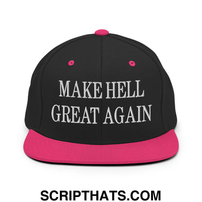 Black snapback cap with vibrant pink brim and button featuring white embroidered text make hell great again