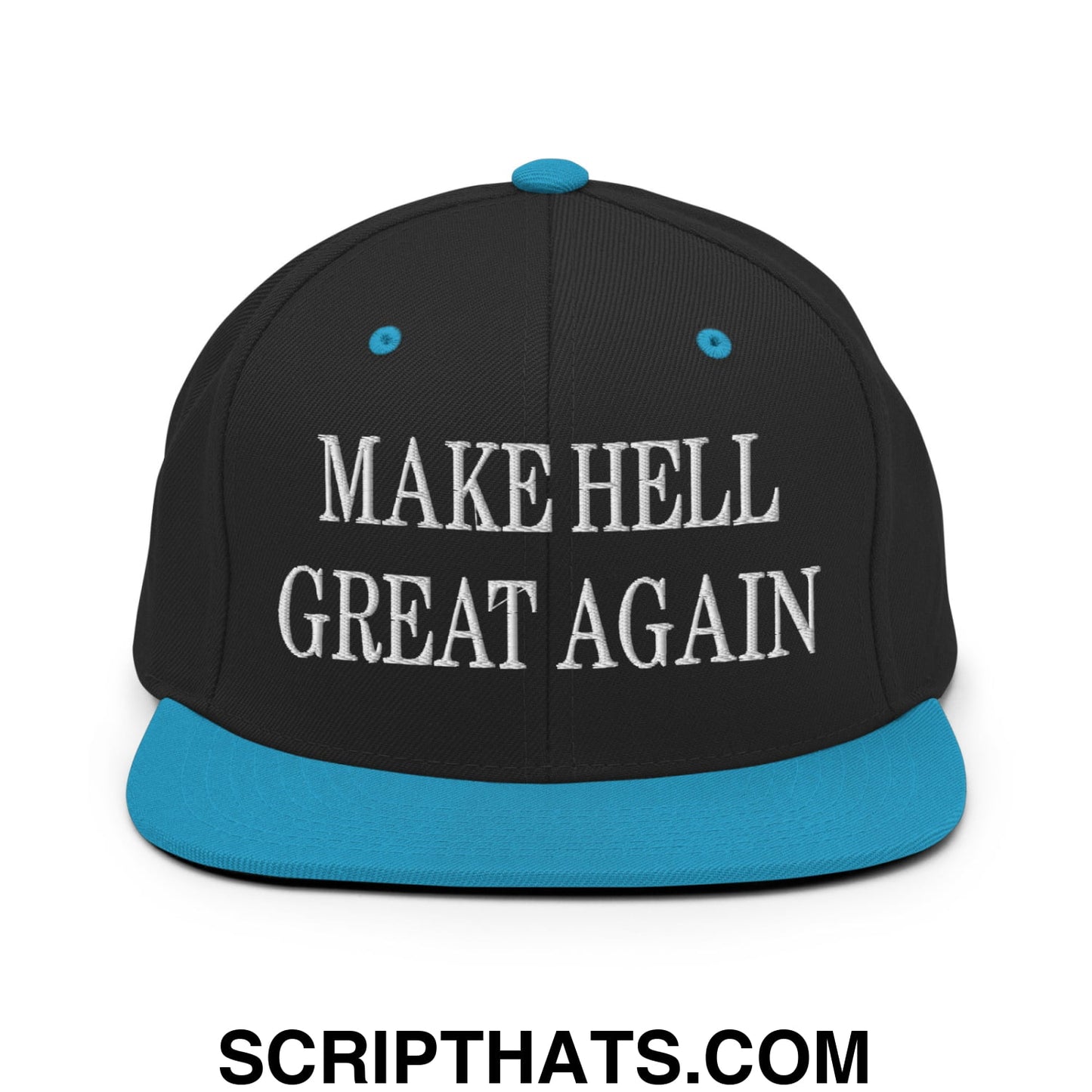 Black snapback cap with teal brim and button featuring white embroidered make hell great again text