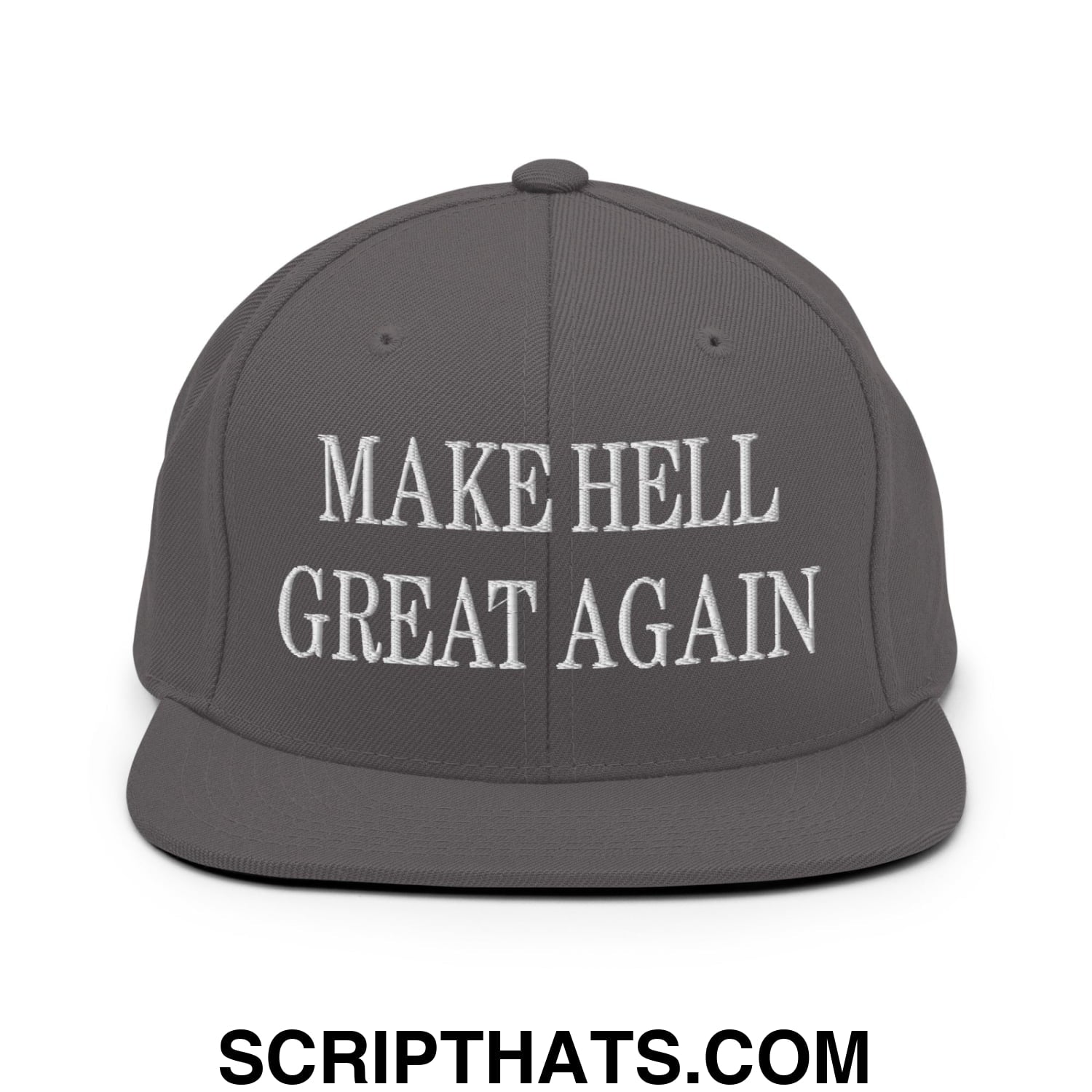 Gray snapback cap with white embroidered make hell great again text on flat bill brim for casual wear