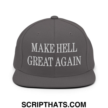 Gray snapback cap with white embroidered make hell great again text on flat bill brim for casual wear