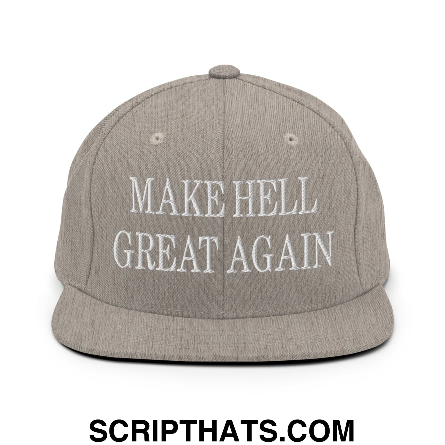 Gray snapback hat with white embroidered make hell great again text and a flat bill brim for casual wear