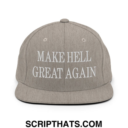 Gray snapback hat with white embroidered make hell great again text and a flat bill brim for casual wear