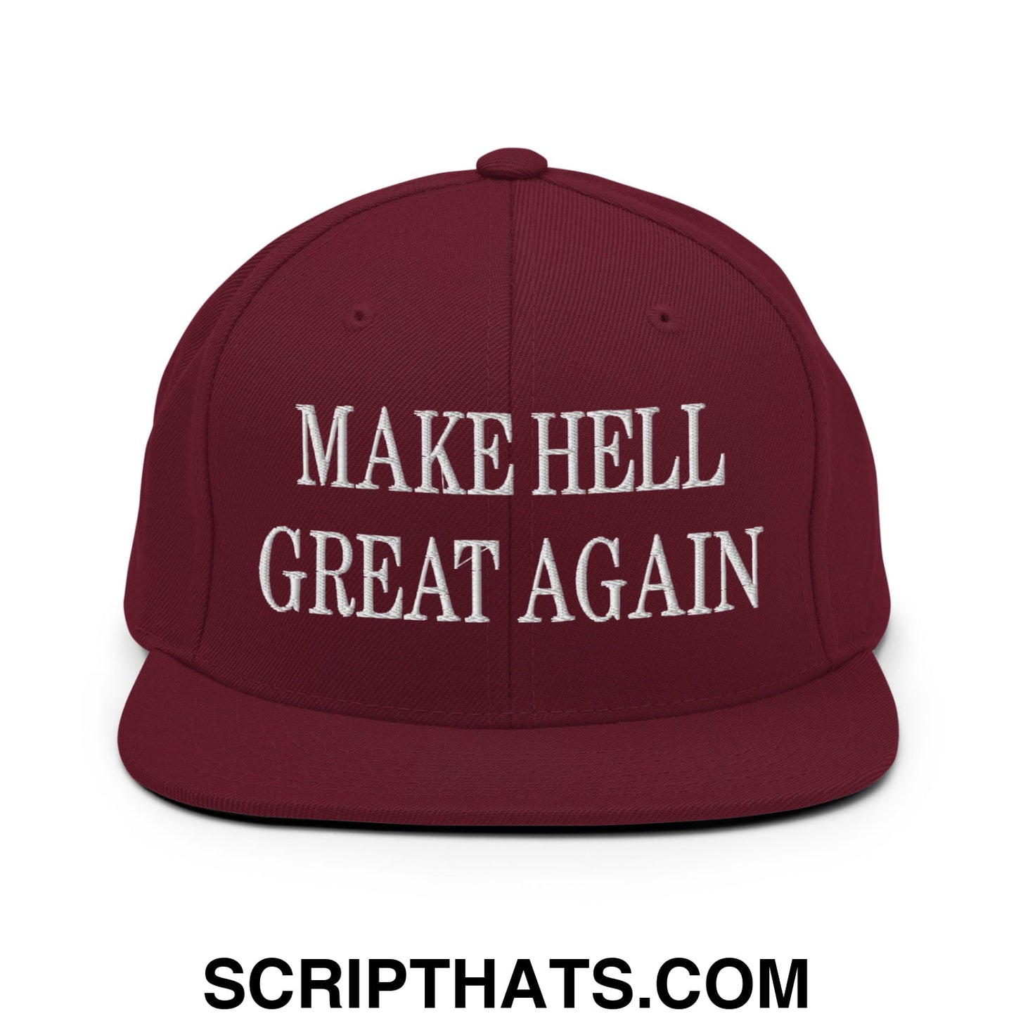 Maroon make hell great again embroidered flat bill brim snapback hat with white text for casual wear
