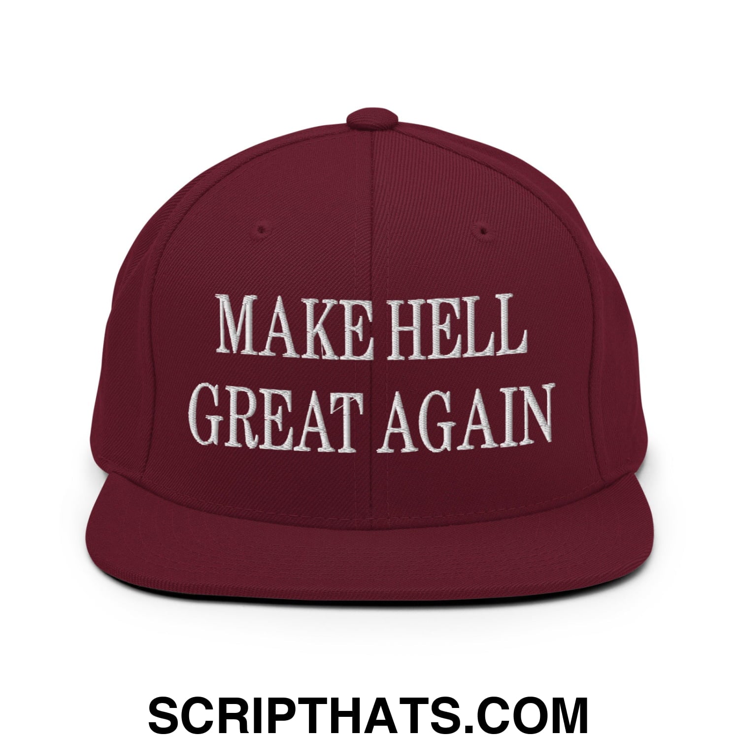 Maroon make hell great again embroidered flat bill brim snapback hat with white text for casual wear