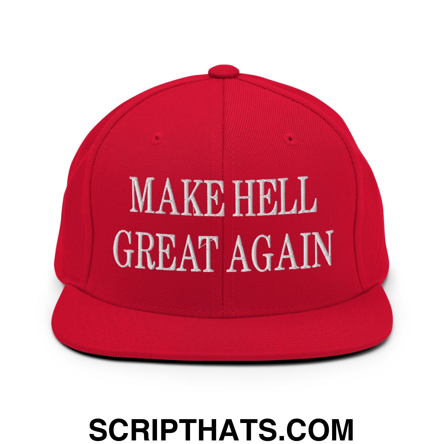 Make hell great again embroidered flat bill brim red snapback cap with white text and adjustable closure