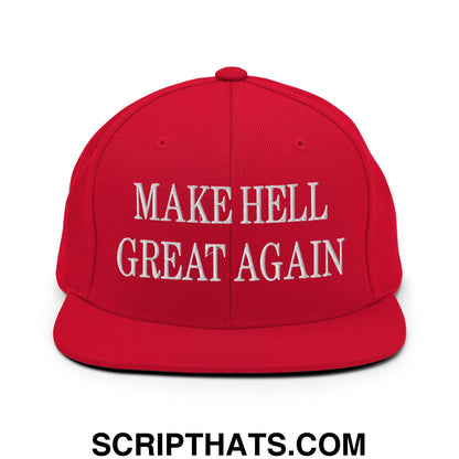 Make hell great again embroidered flat bill brim red snapback cap with white text and adjustable closure