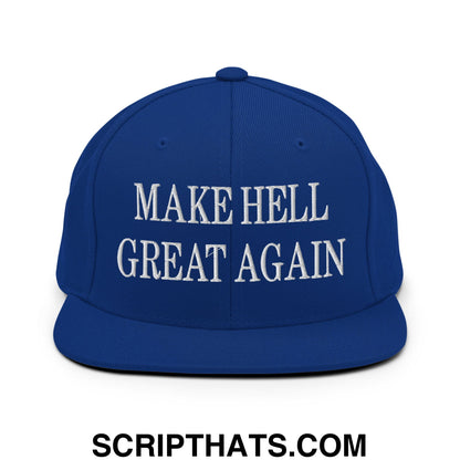 Royal blue snapback hat with white embroidered make hell great again text and flat bill brim design