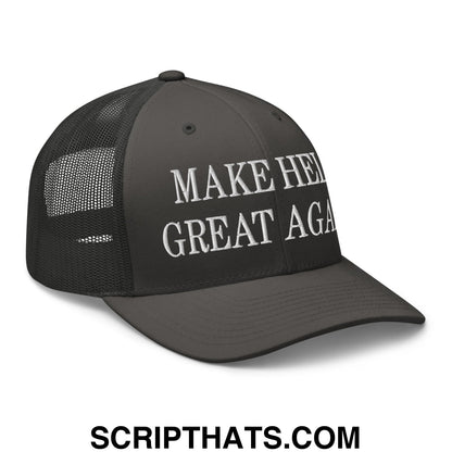 Black mesh trucker hat with white embroidered make her great again text on front panel for casual wear