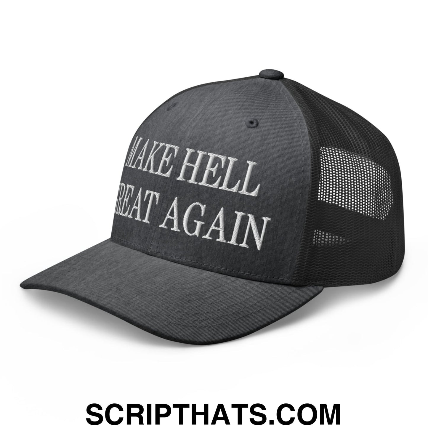 Black mesh trucker hat with white embroidered make hell great again text on front panel