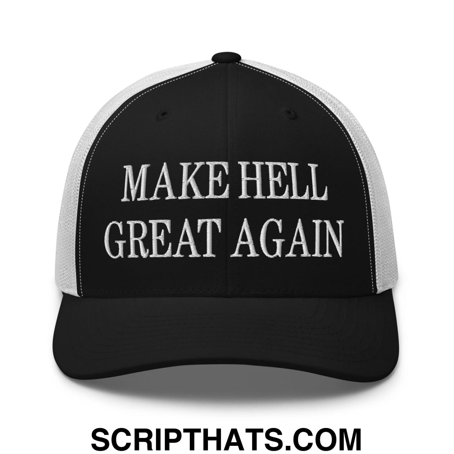 Black and white embroidered mesh trucker hat with make hell great again text in bold capital letters