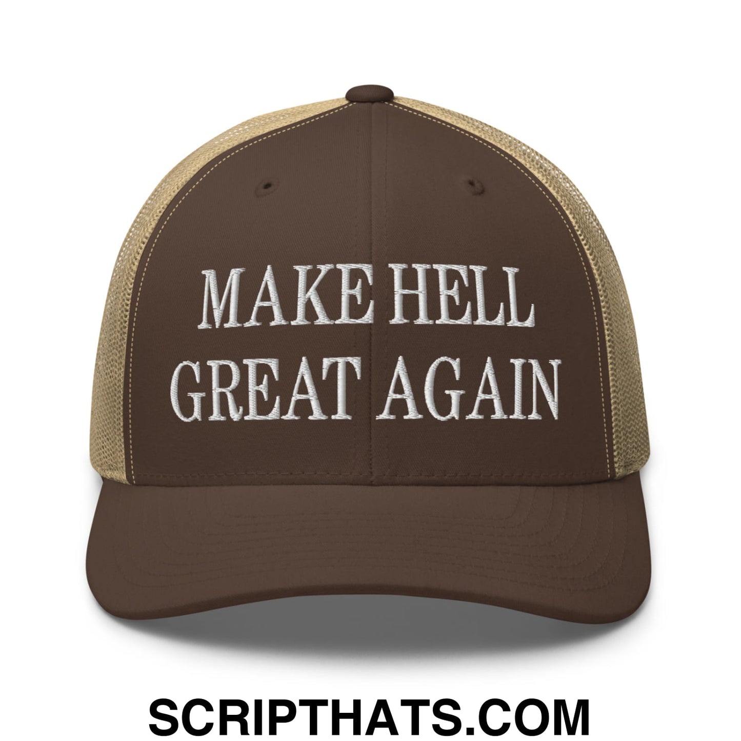 Brown and tan mesh trucker hat with white embroidered text reading make hell great again