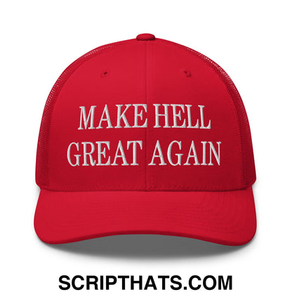 Red embroidered mesh trucker hat with white make hell great again text for casual and statement wear