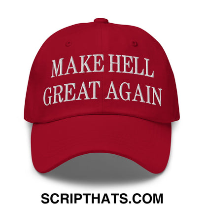 Red unstructured dad hat with white embroidered make hell great again text on the front